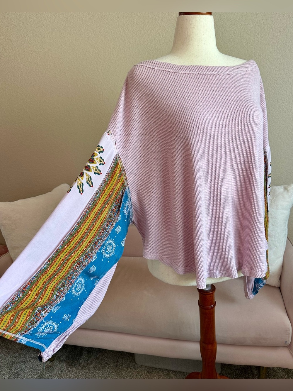 Free People Blossom Thermal Top Patchwork Balloon Sleeve Lavender Boho Size L